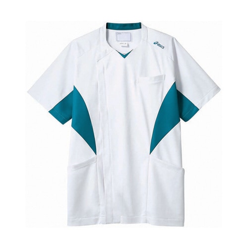 スクラブ メンズ 半袖 ホワイト×ターコイズ L