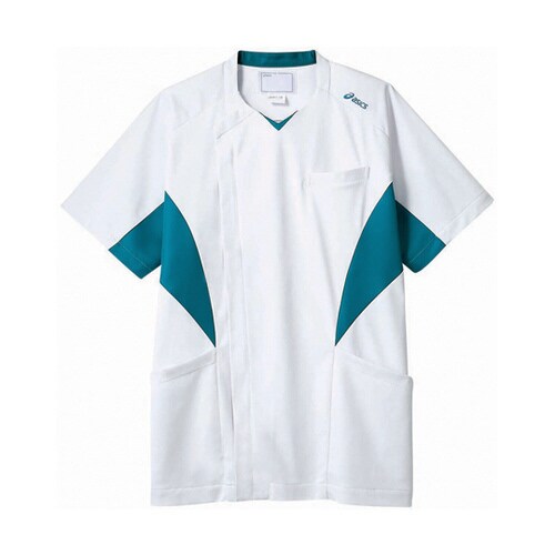 スクラブ メンズ 半袖 ホワイト×ターコイズ 3L