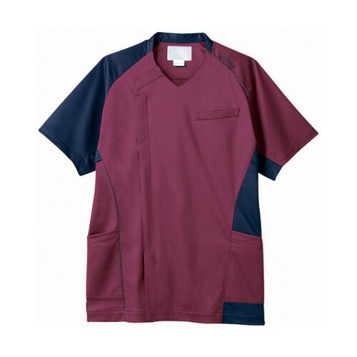 スクラブ メンズ 半袖 ワイン×ネイビー M