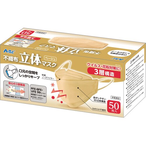 立体不織布カラーマスク(三層構造)50枚ベージュ