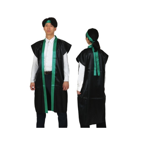 ソフトサテンロングハッピL黒/緑襟(ハチマキ付)