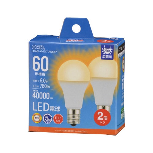 LED電球小形E17 60形相当 電球色 2個入
