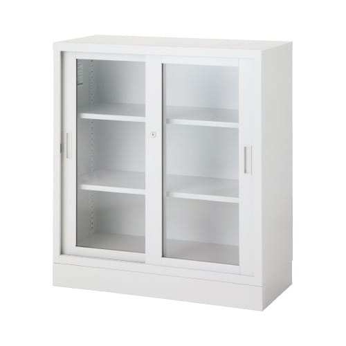 ◇TSスチール収納3段引き違いガラス下置きベース付