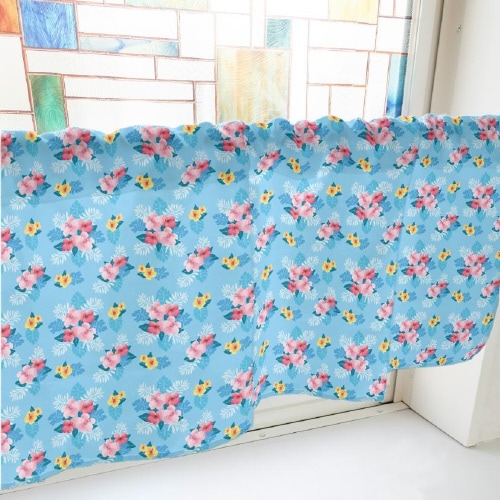 カフェカーテン40513ハイビスカス水色