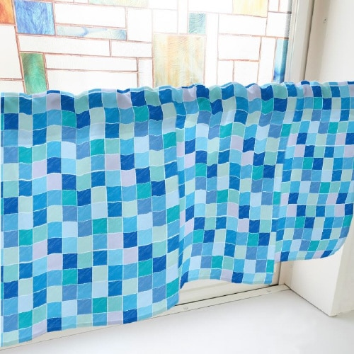 カフェカーテン40774カラフルチェック青