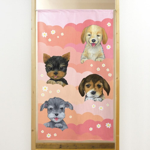 市松レースのれん419774匹の犬ピンクと花