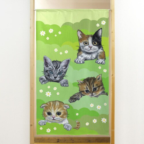 市松レースのれん419784匹の猫緑と花