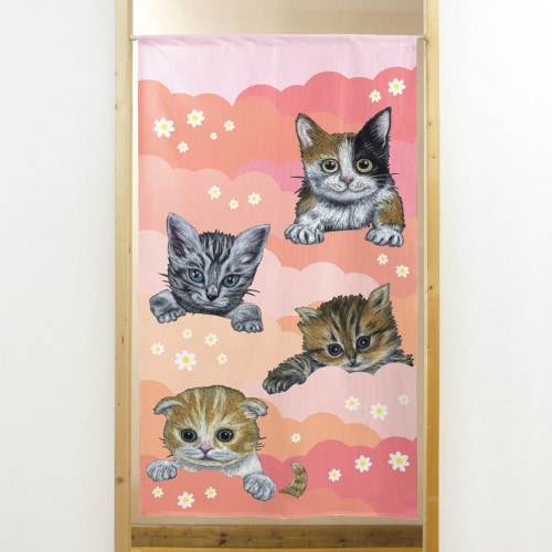 市松レースのれん419794匹の猫ピンクと花