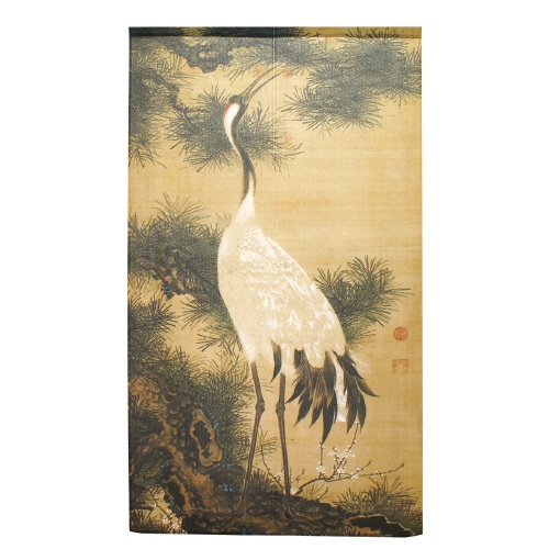 市松レースのれん42144若冲白鶴松に鶴