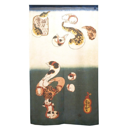 市松レースのれん42382国芳猫の当字ふぐ