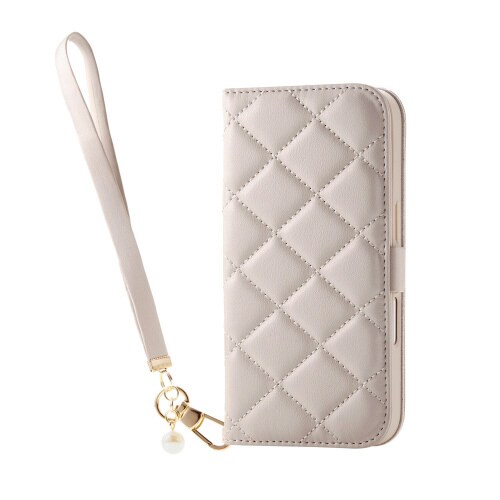 iPhone16ケースレザーミラー付グレージュ