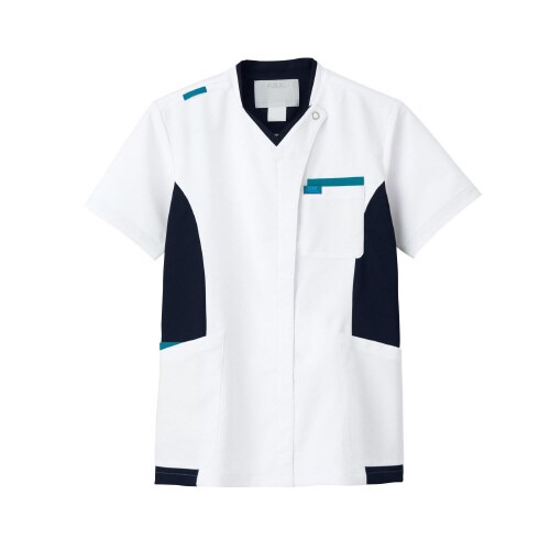 男女兼用スクラブ ホワイト ターコイズ L