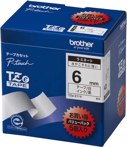ピータッチ ラミネート白色テープ 6mm黒文字5個