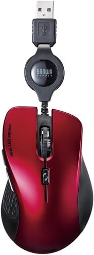 有線5ボタンブルーLEDマウス 巻き取り レッド