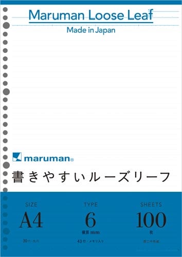 書きやすいルーズリーフA4 B罫メモリ入 100枚
