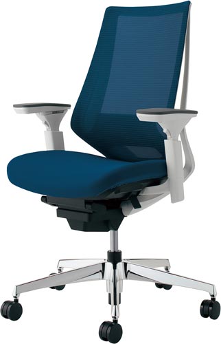 デュオラメッシュ白アルミ脚ランバー可動肘ブルーV