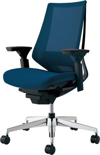 デュオラメッシュ黒アルミ脚ランバー可動肘ブルーV