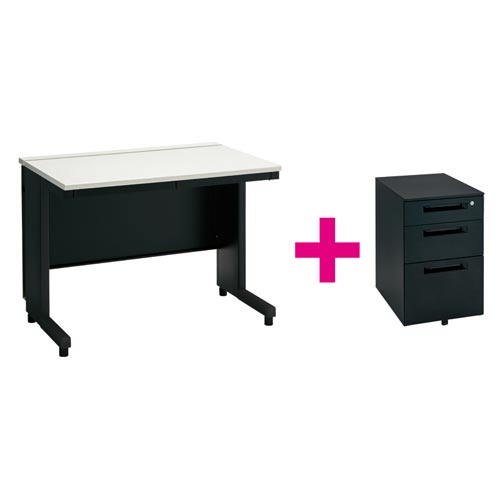 セット品TT−L平机幅10WH黒+3段ワゴンBK