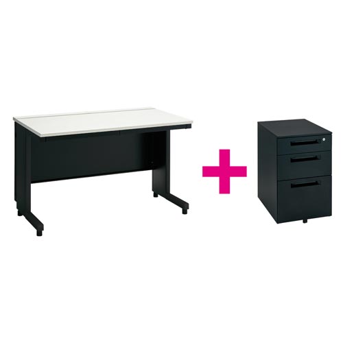 セット品TT−L平机幅12WH黒+3段ワゴンBK