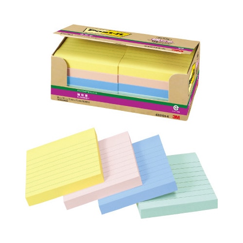 ポストイット強粘着75×75罫線パステル混色10冊