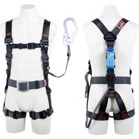 藤井電工 TSUYORON 飛燕ハーネス 胴ベルト付き シングルランヤード付き ロック機構付き巻取式ワン・ハンドリトラ ダークグレー LLサイズ 130KG対応型