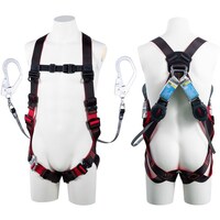 藤井電工 TSUYORON レヴォハーネス ツインランヤード付き ロック機構付き巻取式ワン・ハンドリトラ 黒・赤 Sサイズ