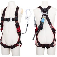 藤井電工 TSUYORON レヴォハーネス シングルランヤード付き ロック機構付き巻取式ワン・ハンドリトラ 黒・赤 Sサイズ 胸D付き TH508OTOH93SVOTBKRSR 1本