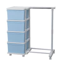 JEJアステージ 収納ケース カラーシーズユニット 4段 パイプハンガー付き 組み立て式 連結できる キャスター付き WHブルー