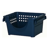 平和工業 収納バスケット スタッキングバスケット浅型 前開き 幅42×奥行32×高さ23cm ナイトブルー