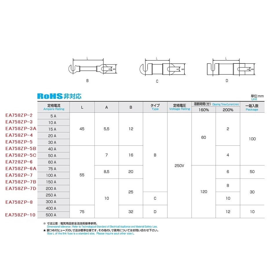 銅つめ付ヒューズ(2本) EA758ZP−7B