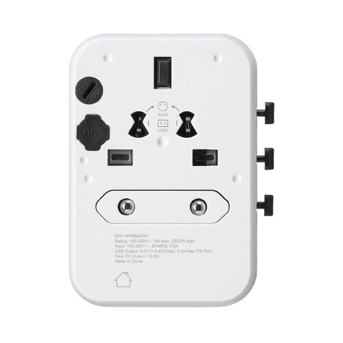 海外用マルチ変換プラグUSB付2.4A 白