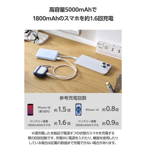 モバイルバッテリー 5000mAh 一体型 ブルー