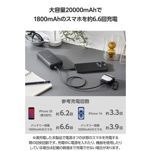 モバイルバッテリー20000mAh一体型 ブラック