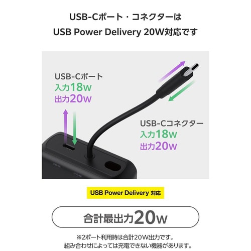 モバイルバッテリー20000mAh一体型 ブラック
