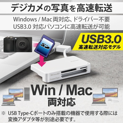USB3.0カードリーダー ケーブル収納 ホワイト