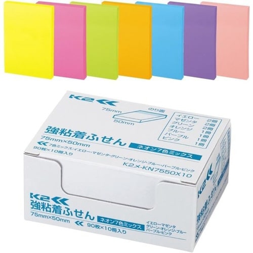 強粘着ふせん K2 75×50 ネオン混色10冊