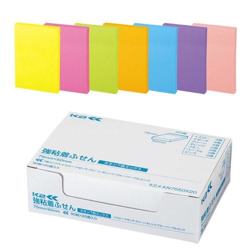 強粘着ふせん K2 75×50 ネオン混色20冊