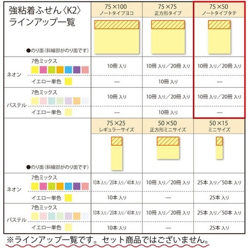 強粘着ふせん K2 75×50 ネオン混色20冊
