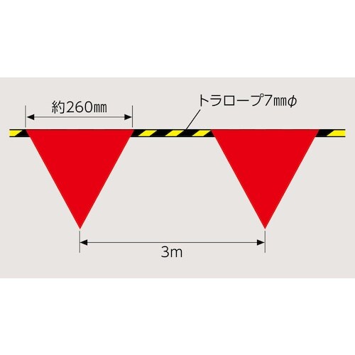 緑十字 三角旗付標識ロープ(トラロープ) 赤無地タ
