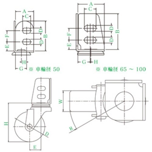 ユーエイ アングル 自在 キャスター ゴム 車輪径