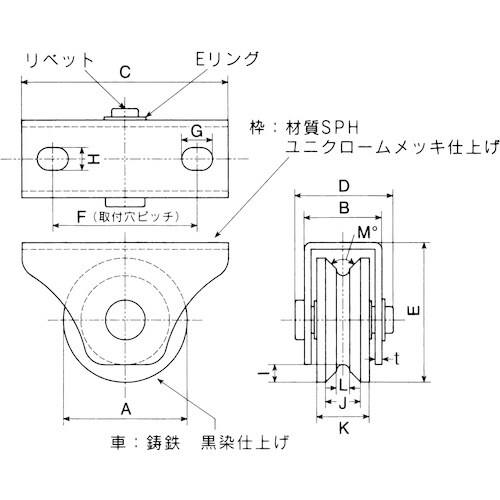 ヤボシ フジロイヤル重量戸車 V型 75mm 枠付