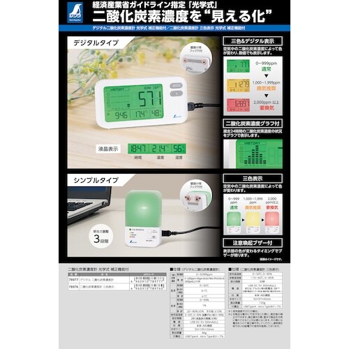 シンワ 二酸化炭素濃度計 三色表示 光学式補正機能