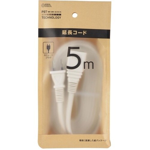 OHM 5m延長コード ストレートプラグ ホワイト