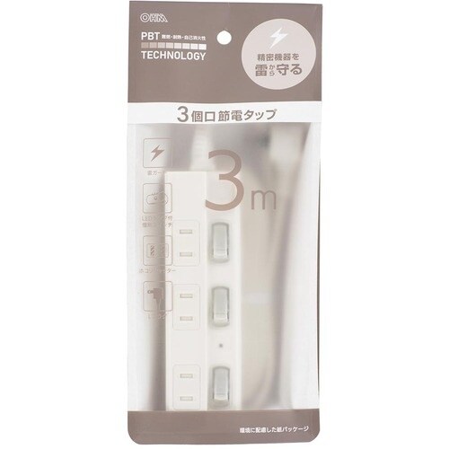 OHM 3口3m節電タップ雷ガード付22