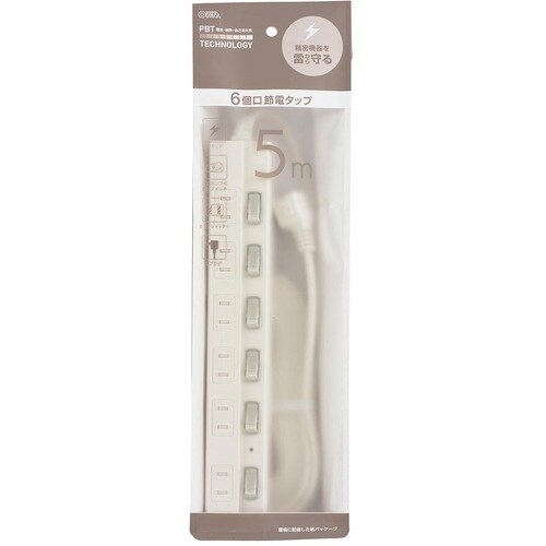 OHM 6口5m節電タップ雷ガード付22