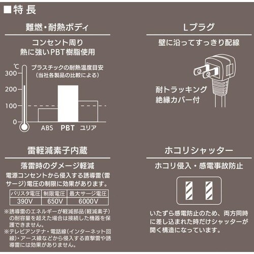 OHM 3口5m節電タップ雷ガード付22