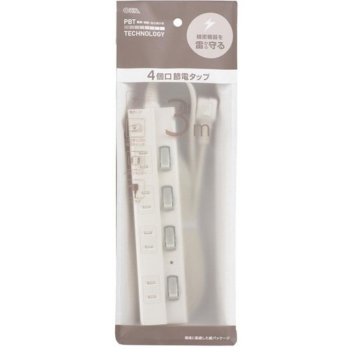 OHM 4口3m節電タップ雷ガード付22