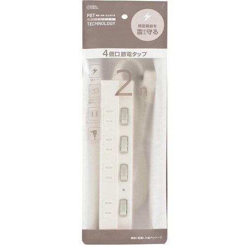 OHM 4口2m節電タップ雷ガード付22