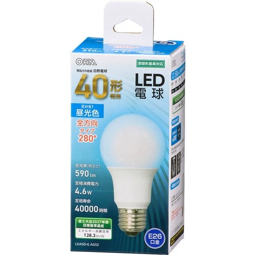 OHM LED電球 A E26 4.6W 昼光色