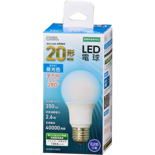 OHM LED電球 A E26 2.6W 昼光色